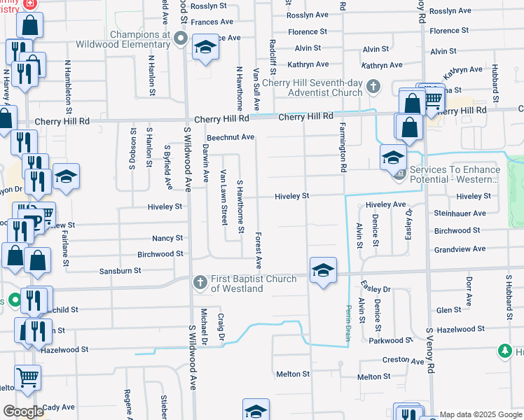 map of restaurants, bars, coffee shops, grocery stores, and more near 643 Forest Street in Westland