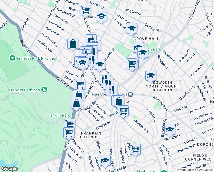 map of restaurants, bars, coffee shops, grocery stores, and more near 100 Washington Street in Boston