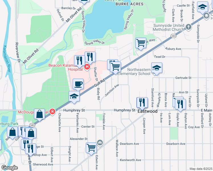 map of restaurants, bars, coffee shops, grocery stores, and more near 1504 Trimble Avenue in Kalamazoo