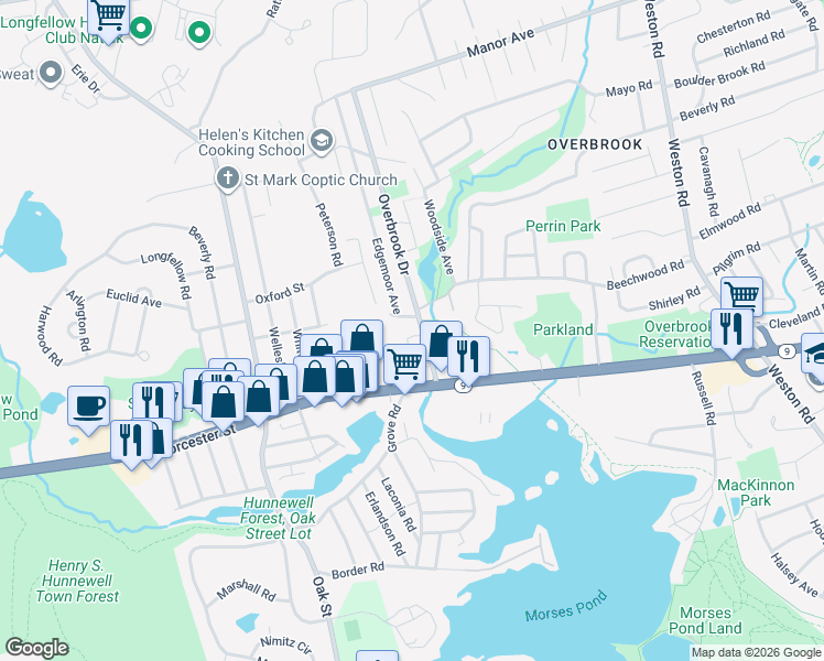map of restaurants, bars, coffee shops, grocery stores, and more near 28 Edgemoor Circle in Wellesley