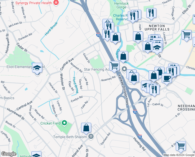 map of restaurants, bars, coffee shops, grocery stores, and more near 107 Gould Street in Needham