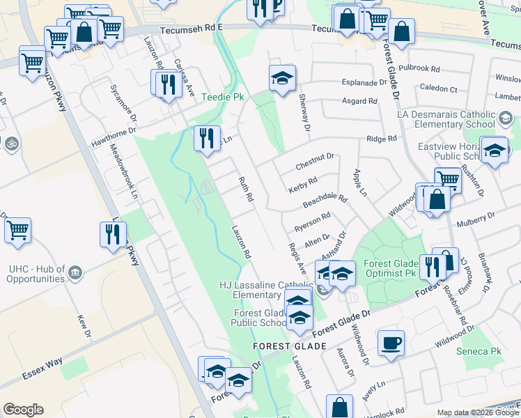 map of restaurants, bars, coffee shops, grocery stores, and more near 2946 Ruth Road in Windsor