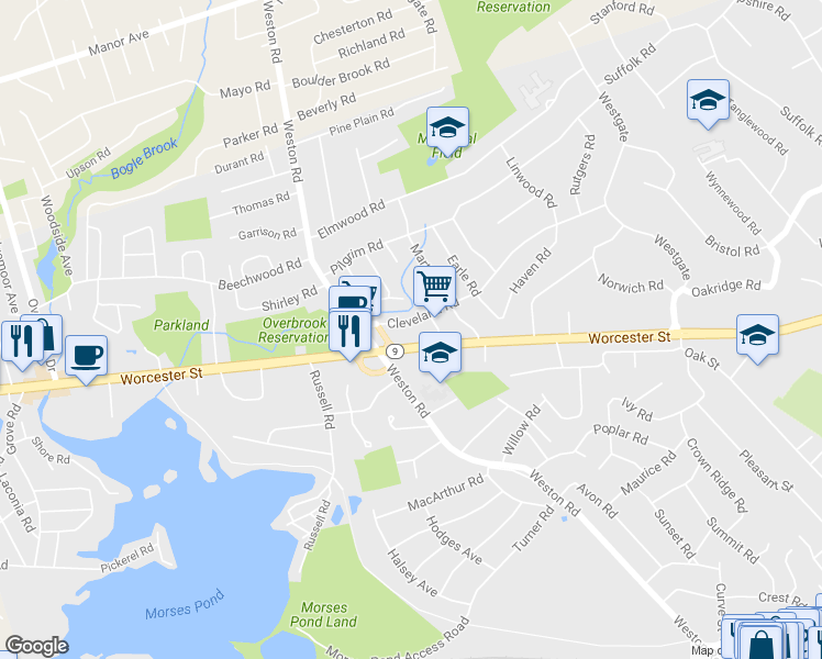 map of restaurants, bars, coffee shops, grocery stores, and more near 19 Cleveland Road in Wellesley