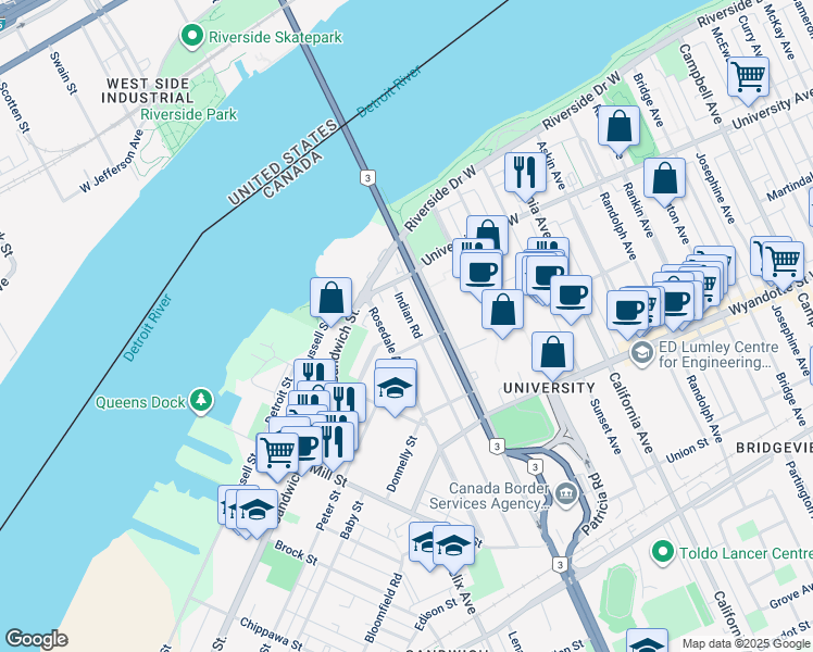 map of restaurants, bars, coffee shops, grocery stores, and more near 369 Indian Road in Windsor