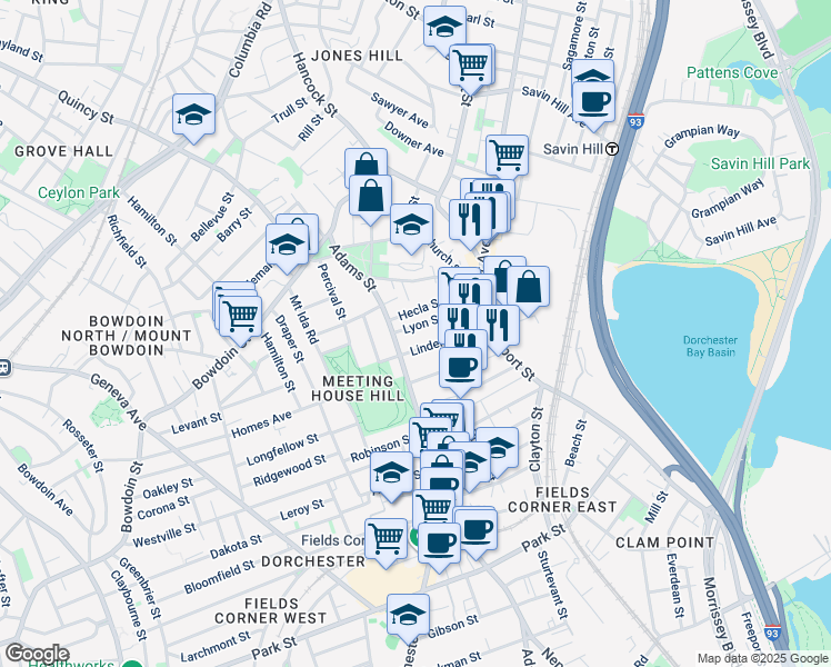 map of restaurants, bars, coffee shops, grocery stores, and more near 42 Lyon Street in Boston