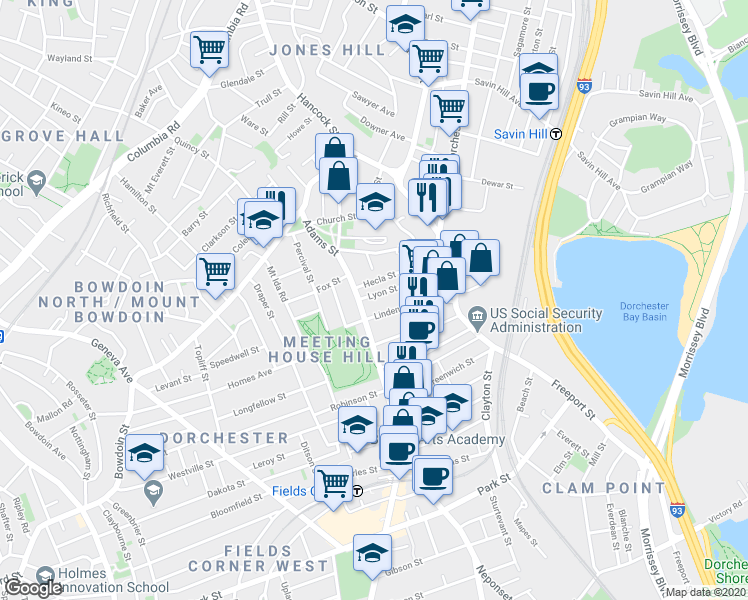map of restaurants, bars, coffee shops, grocery stores, and more near 42 Lyon Street in Boston