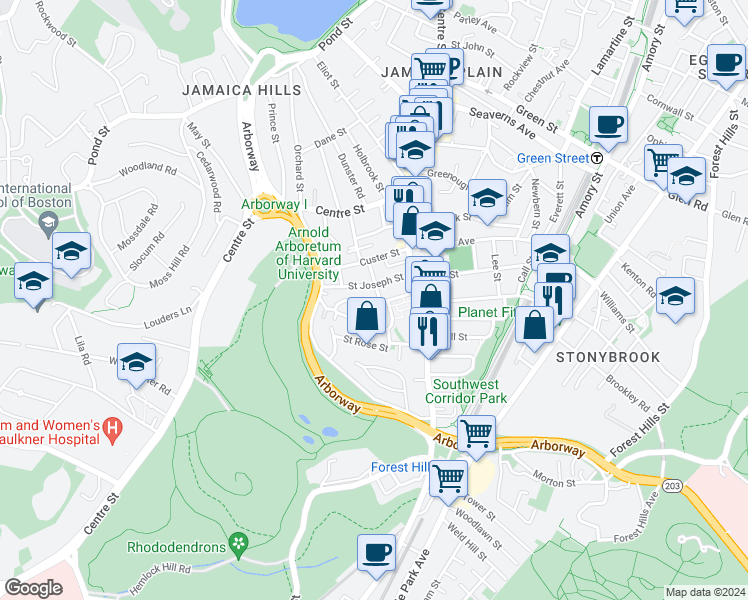 map of restaurants, bars, coffee shops, grocery stores, and more near 104 Jamaica Street in Boston