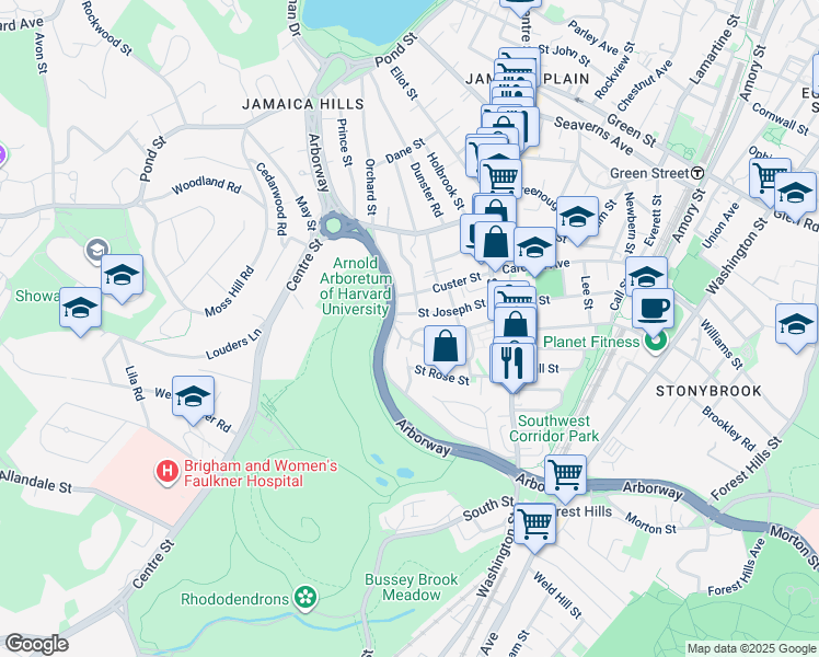 map of restaurants, bars, coffee shops, grocery stores, and more near 39 Jamaica Street in Boston