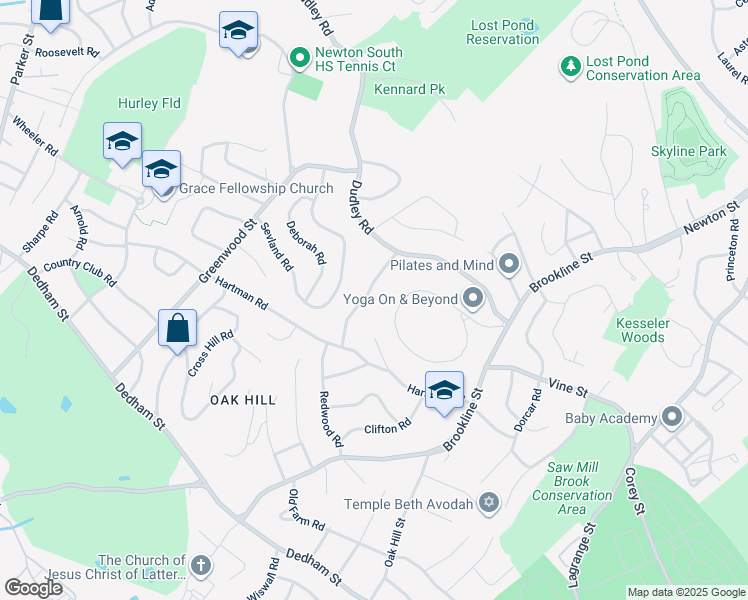 map of restaurants, bars, coffee shops, grocery stores, and more near 54 Drumlin Road in Newton