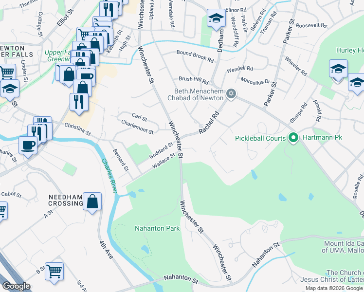 map of restaurants, bars, coffee shops, grocery stores, and more near 14 Stephen Place in Newton