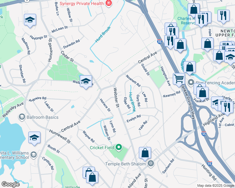 map of restaurants, bars, coffee shops, grocery stores, and more near 25 Webster Street in Needham