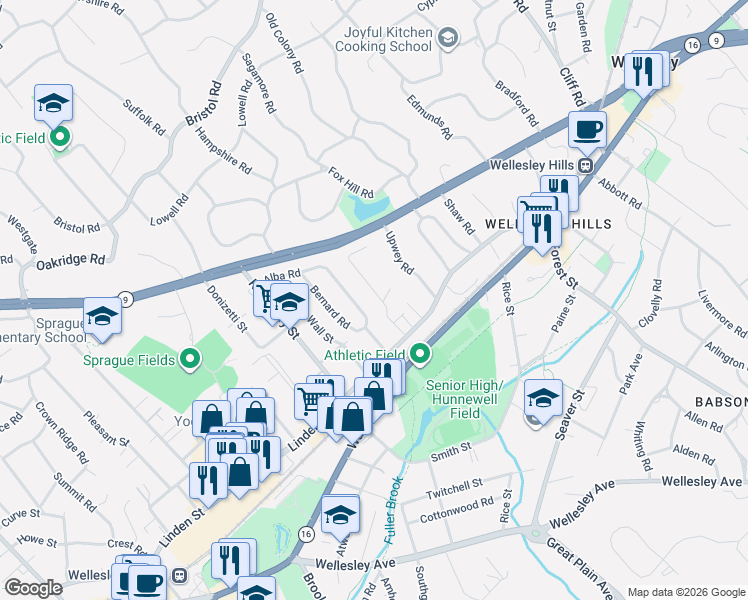 map of restaurants, bars, coffee shops, grocery stores, and more near 20 Windemere Road in Wellesley