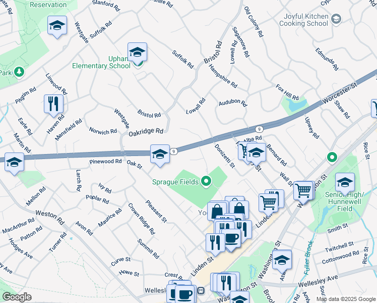 map of restaurants, bars, coffee shops, grocery stores, and more near 670 Massachusetts 9 in Wellesley