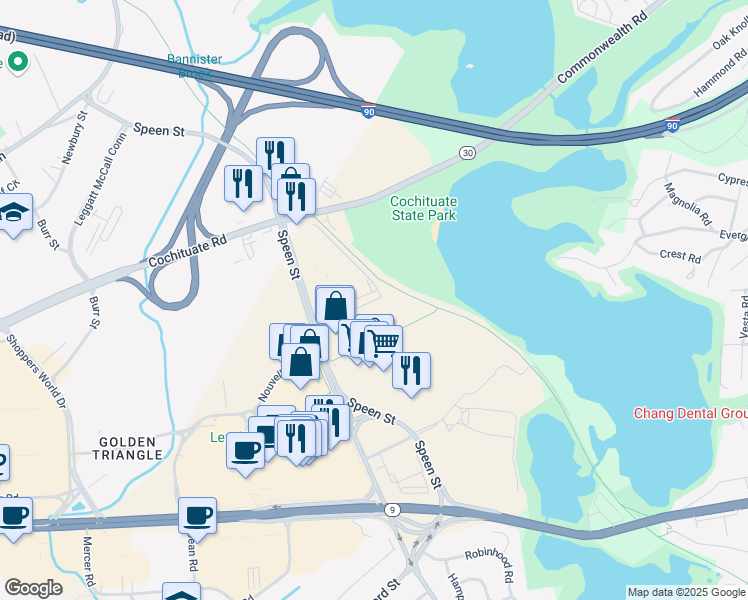 map of restaurants, bars, coffee shops, grocery stores, and more near 3 Chrysler Road in Natick