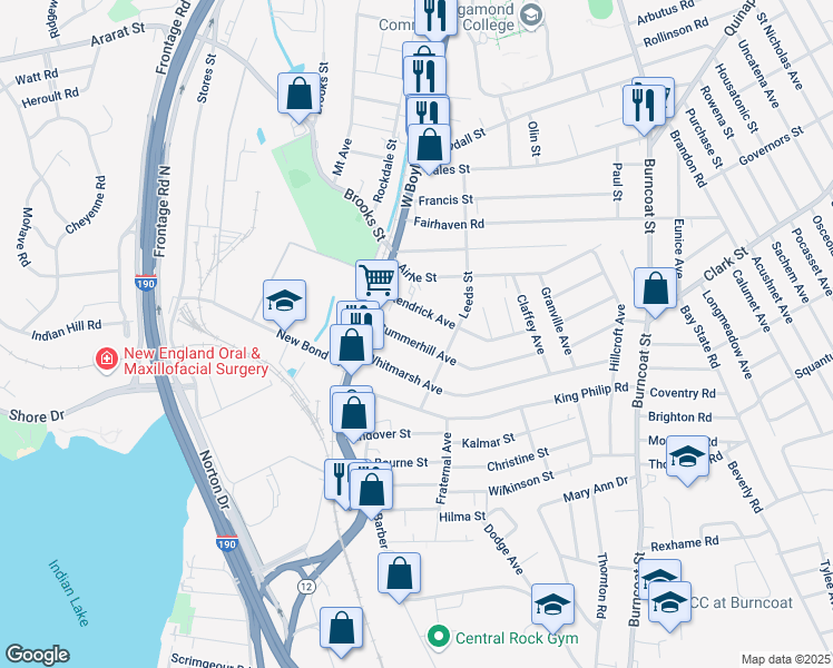map of restaurants, bars, coffee shops, grocery stores, and more near 38 Kendrick Avenue in Worcester