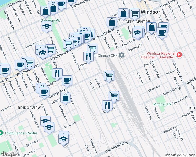 map of restaurants, bars, coffee shops, grocery stores, and more near in Windsor