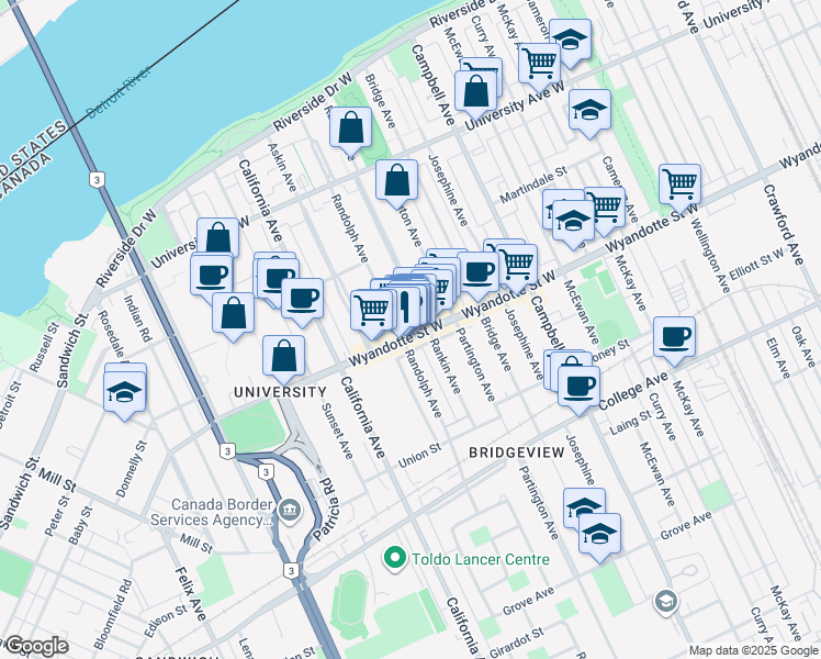 map of restaurants, bars, coffee shops, grocery stores, and more near in Windsor