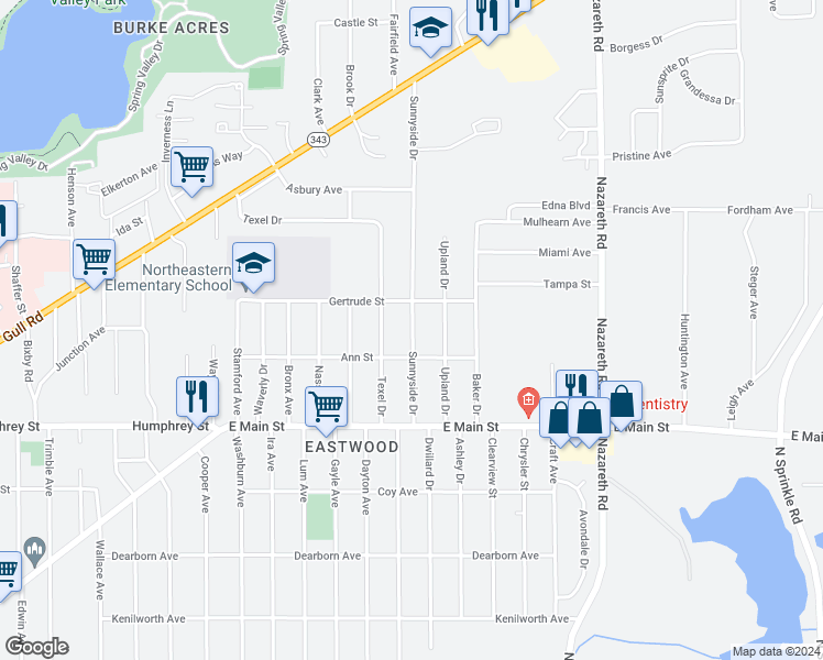 map of restaurants, bars, coffee shops, grocery stores, and more near 1425 Sunnyside Drive in Kalamazoo