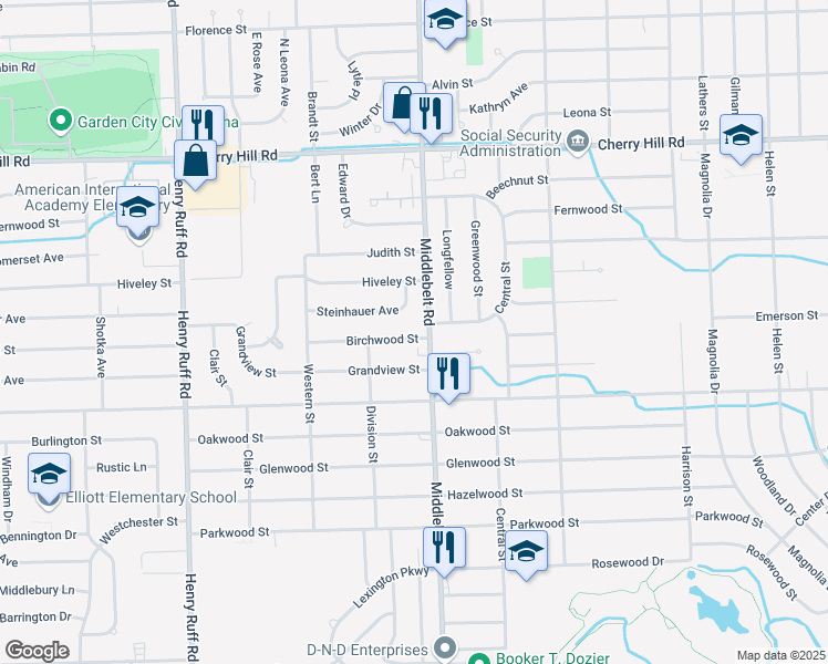 map of restaurants, bars, coffee shops, grocery stores, and more near 29422 Birchwood in Inkster