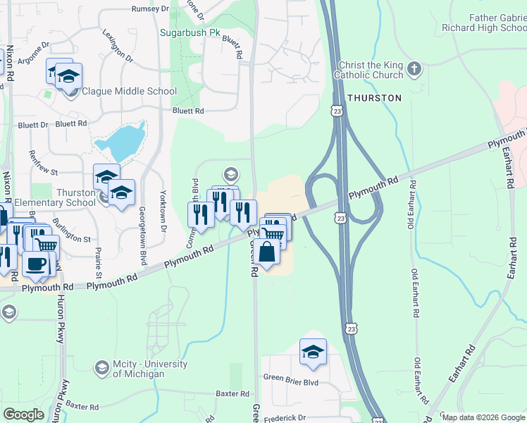 map of restaurants, bars, coffee shops, grocery stores, and more near 3535 Plymouth Road in Ann Arbor