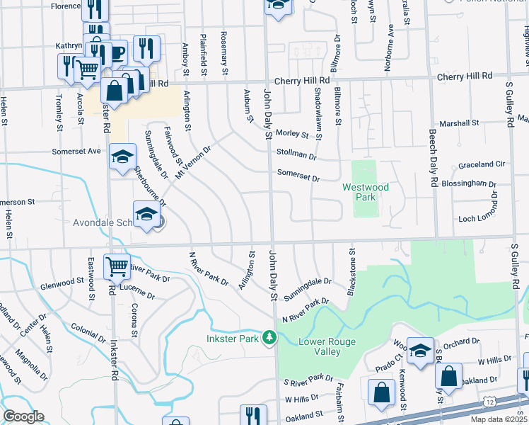 map of restaurants, bars, coffee shops, grocery stores, and more near 768 John Daly St in Inkster
