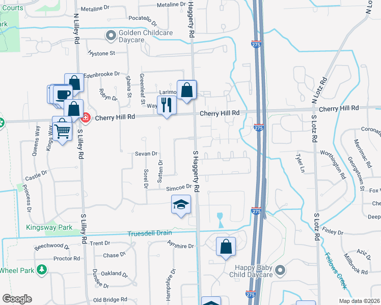 map of restaurants, bars, coffee shops, grocery stores, and more near 41394 Northwind Drive in Canton