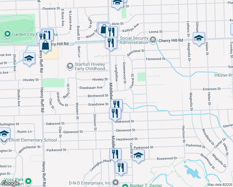 map of restaurants, bars, coffee shops, grocery stores, and more near 29211 Emerson Street in Inkster
