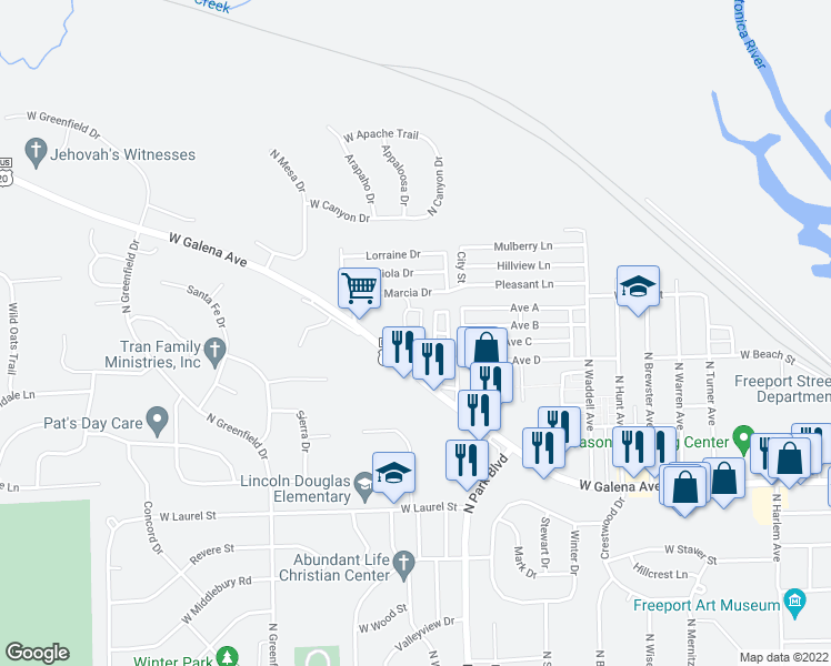 map of restaurants, bars, coffee shops, grocery stores, and more near 710 Jodilyn Circle in Freeport
