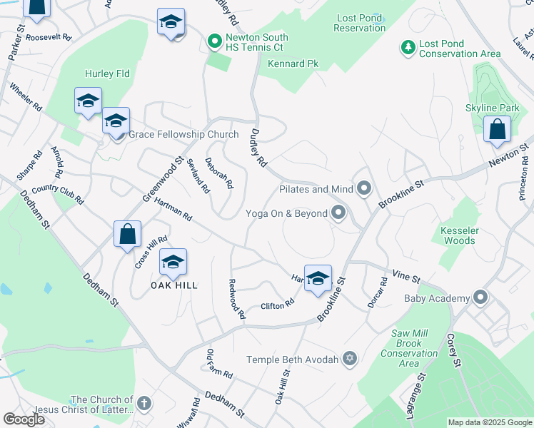 map of restaurants, bars, coffee shops, grocery stores, and more near 54 Drumlin Road in Newton