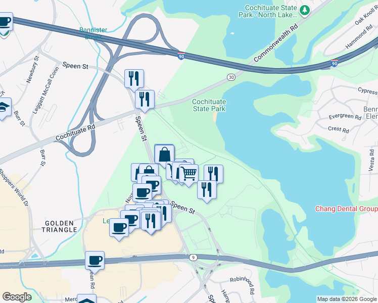 map of restaurants, bars, coffee shops, grocery stores, and more near 3 Chrysler Road in Natick