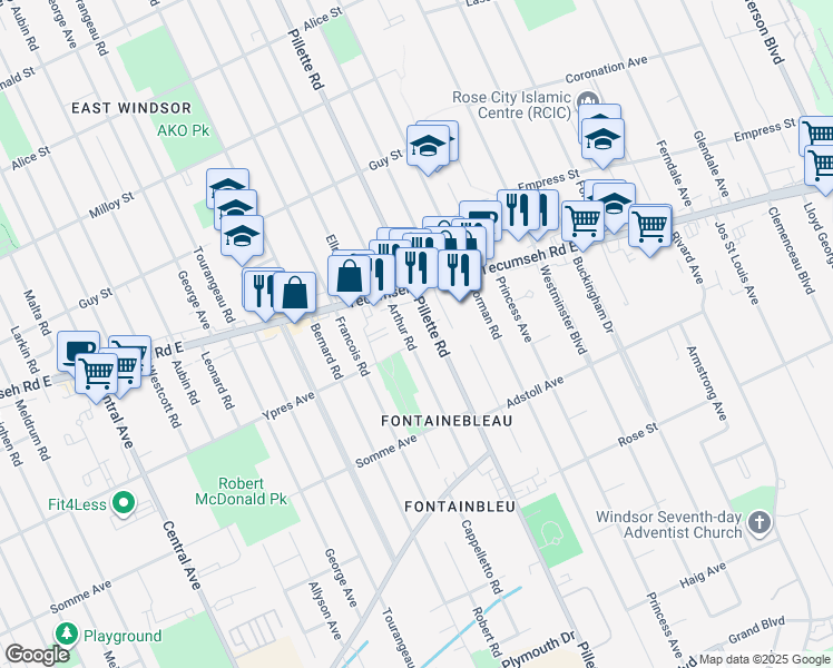 map of restaurants, bars, coffee shops, grocery stores, and more near 2390 Arthur Road in Windsor