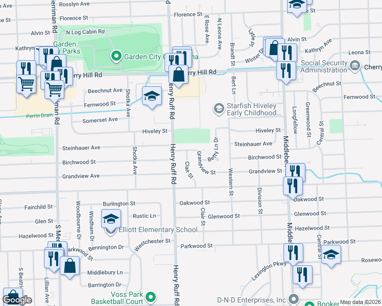 map of restaurants, bars, coffee shops, grocery stores, and more near 30245 Grandview Street in Inkster