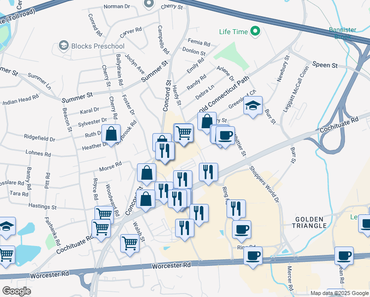 map of restaurants, bars, coffee shops, grocery stores, and more near 235 Old Connecticut Path in Framingham