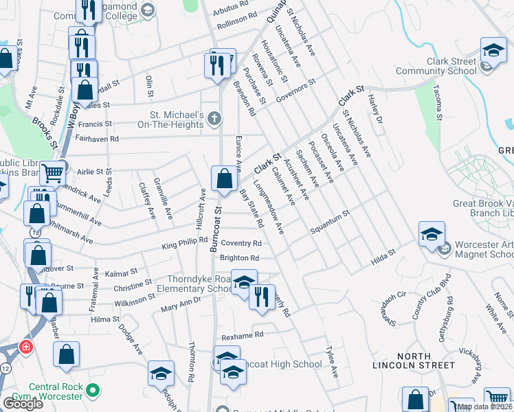 map of restaurants, bars, coffee shops, grocery stores, and more near 15 Bay State Road in Worcester