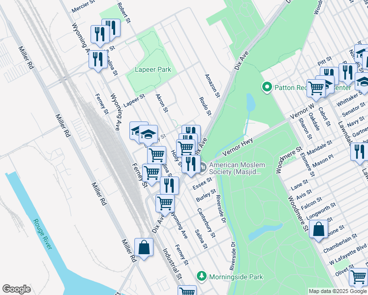 map of restaurants, bars, coffee shops, grocery stores, and more near 2515 Akron Street in Dearborn