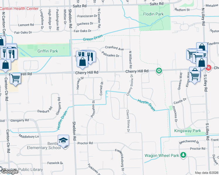 map of restaurants, bars, coffee shops, grocery stores, and more near 280 Cherry Grove Road in Canton