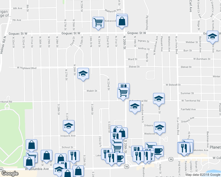 map of restaurants, bars, coffee shops, grocery stores, and more near 28 North 22nd Street in Battle Creek