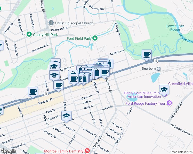 map of restaurants, bars, coffee shops, grocery stores, and more near 22074 Michigan Ave in Dearborn