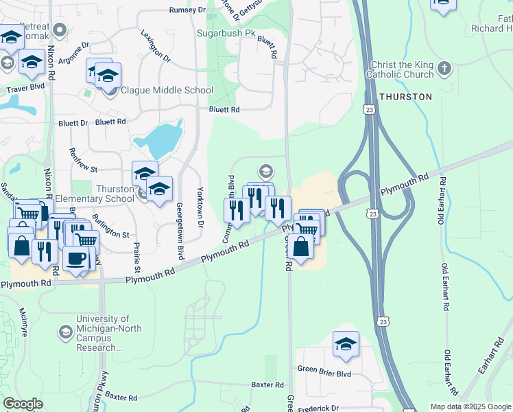 map of restaurants, bars, coffee shops, grocery stores, and more near 3425 Plymouth Road in Ann Arbor