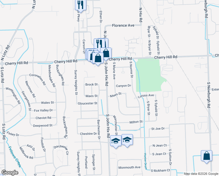 map of restaurants, bars, coffee shops, grocery stores, and more near 421 South John Hix Road in Westland
