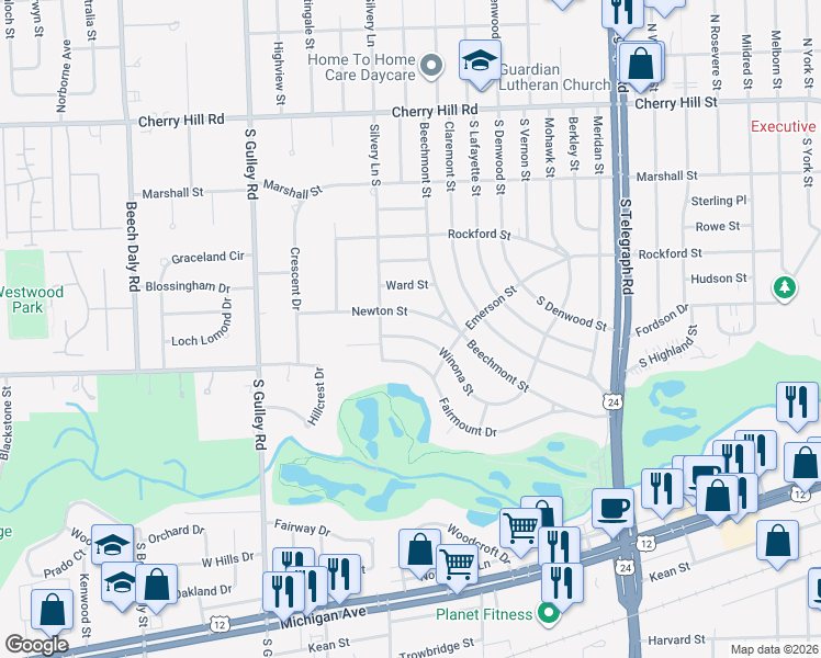 map of restaurants, bars, coffee shops, grocery stores, and more near 24916 Winona Street in Dearborn