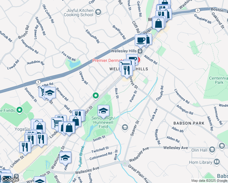 map of restaurants, bars, coffee shops, grocery stores, and more near 16 Rice Street in Wellesley