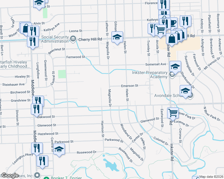 map of restaurants, bars, coffee shops, grocery stores, and more near 725 Magnolia Drive in Inkster