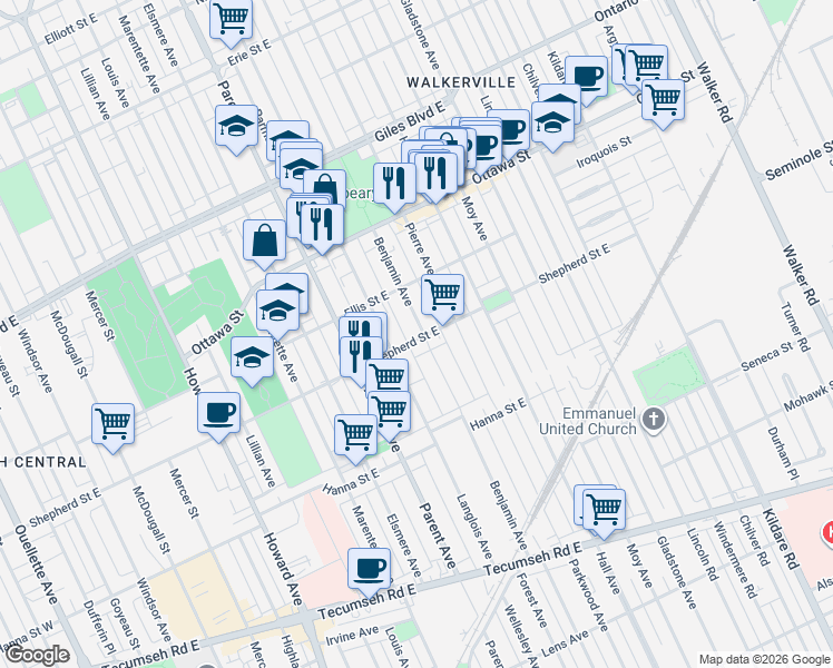 map of restaurants, bars, coffee shops, grocery stores, and more near 1066 Shepherd Street East in Windsor