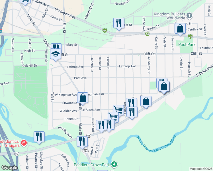 map of restaurants, bars, coffee shops, grocery stores, and more near 102 Euclid Street in Battle Creek
