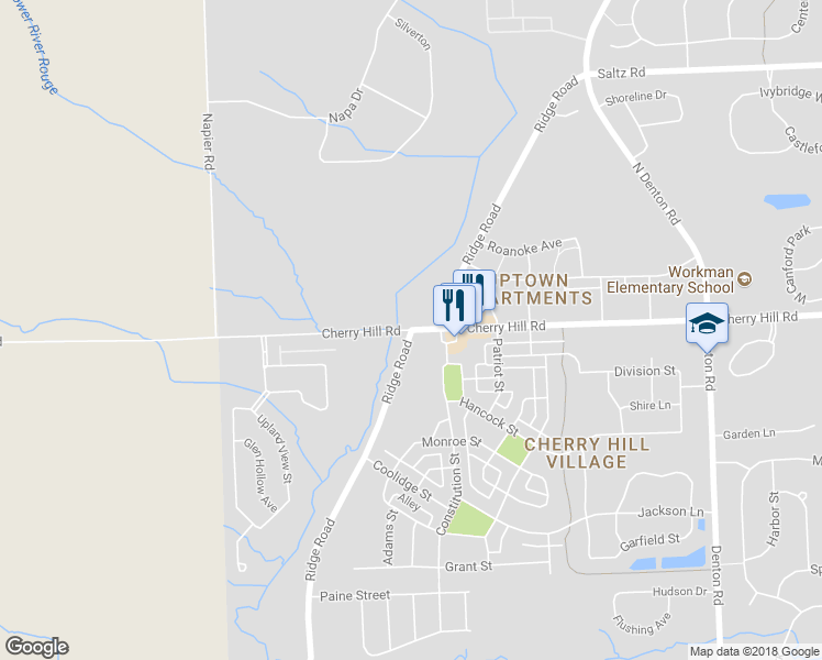 map of restaurants, bars, coffee shops, grocery stores, and more near Cherry Hill Rd & Ridge Rd S in Canton