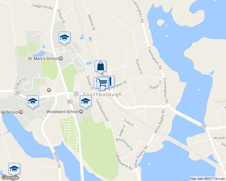 map of restaurants, bars, coffee shops, grocery stores, and more near 7 East Main Street in Southborough