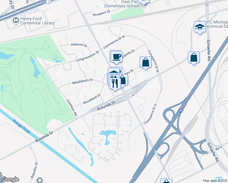 map of restaurants, bars, coffee shops, grocery stores, and more near 3361 Greenfield Road in Melvindale