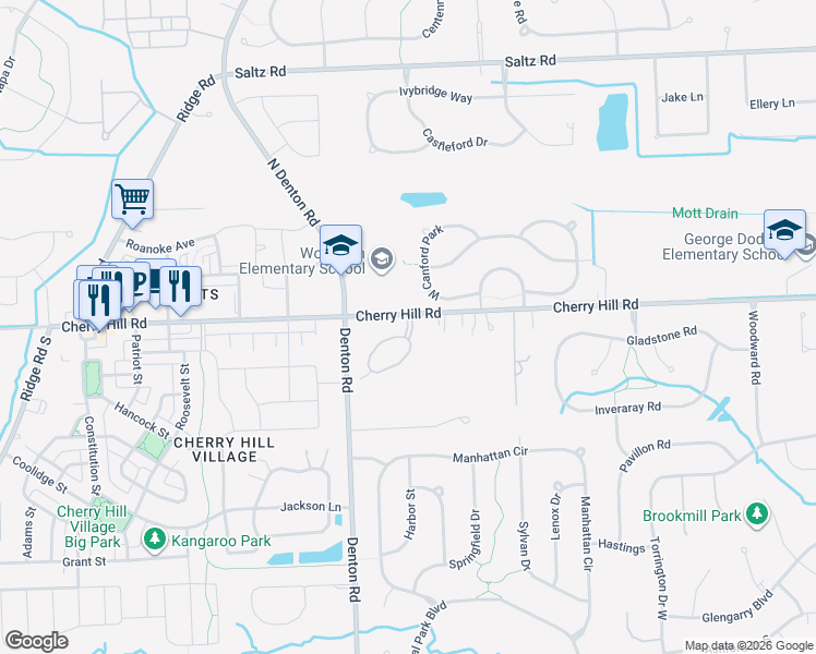 map of restaurants, bars, coffee shops, grocery stores, and more near 114 Village Way North in Canton
