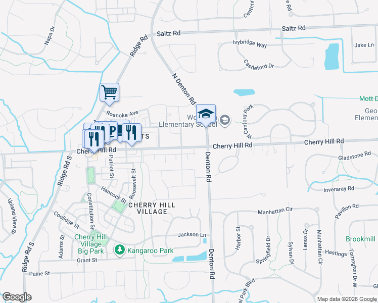map of restaurants, bars, coffee shops, grocery stores, and more near 49519 Cherry Hill Road in Canton